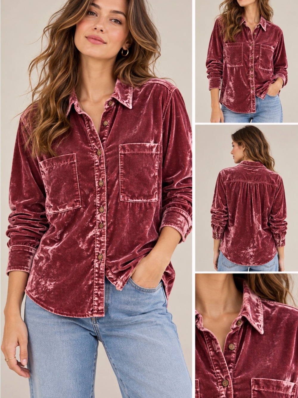 Pilcro Hadley Velvet Relaxed Button-Down Shirt by Anthropologie in Wild Rose